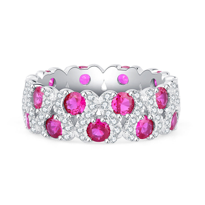 Deki Jewels Wedding Band,925 Silver,Inlaid With Imitation Diamonds And Imitation Rubies