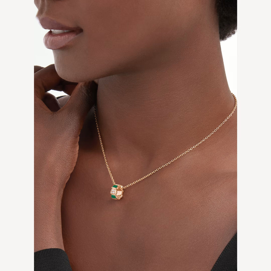 Deki Jewels Serpenti Necklace,925 Silver,18k Rose Gold Plated,Green Agate