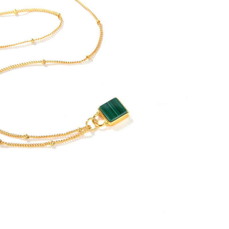 Deki Jewels Malachite Lock Head Necklace, 925 Silver, 18K Gold Plated
