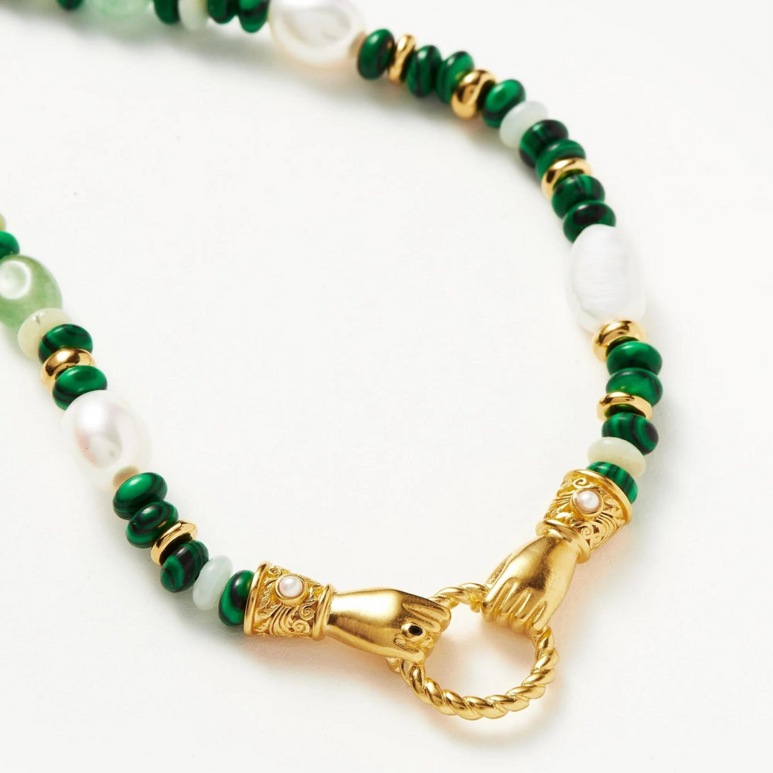 Deki Jewels Shake Hands Beaded Gemstone Necklace, 925 Silver, 18k Gold Plated
